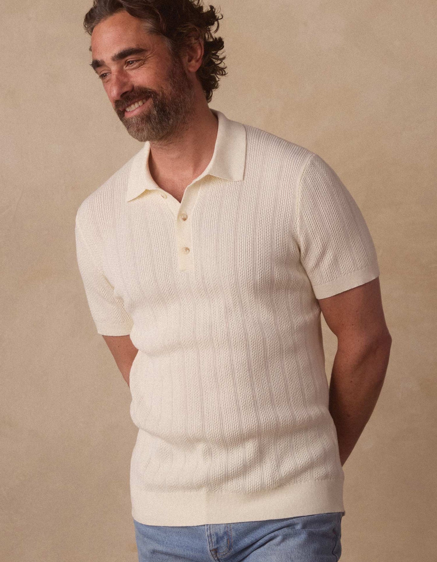 Robles Textured Knit Polo in Ivory