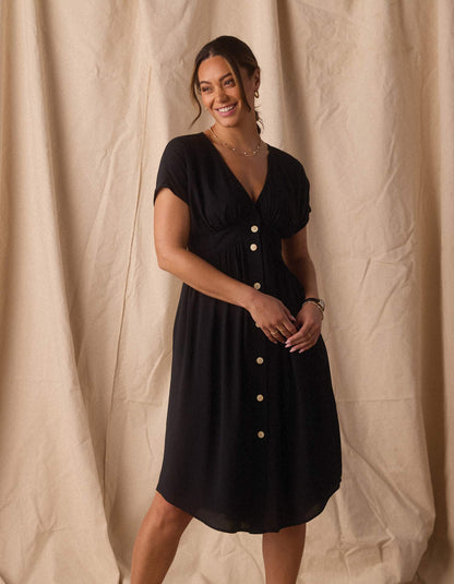 Deep V Button Thru Dress in Black