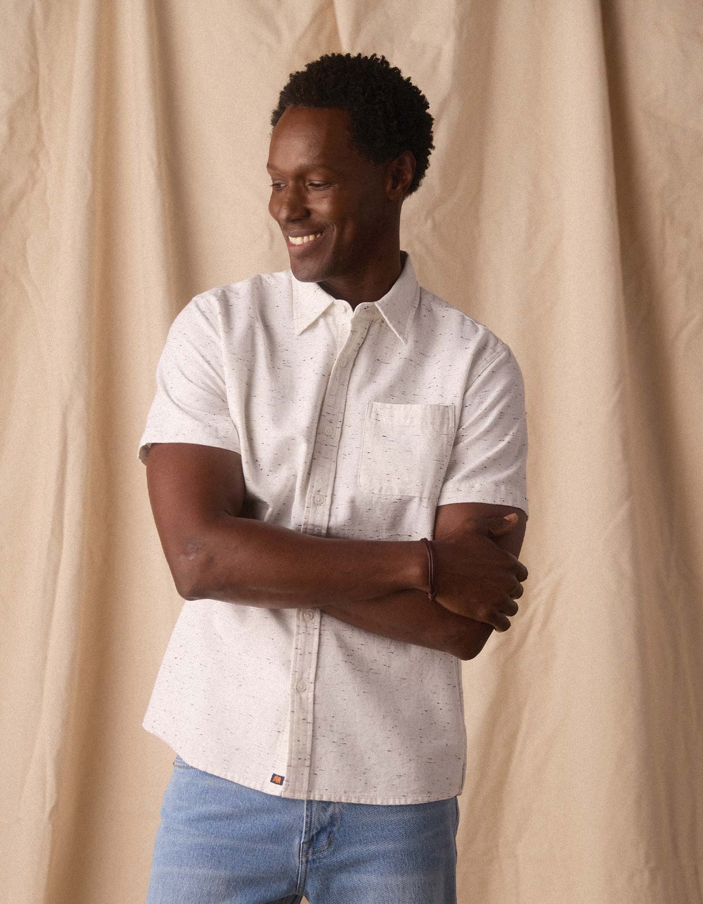 Freshwater Short Sleeve Button Up Shirt in White Nep