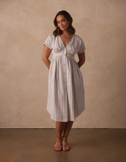 Freshwater Deep V Button Thru Dress in Vintage Blue Stripe