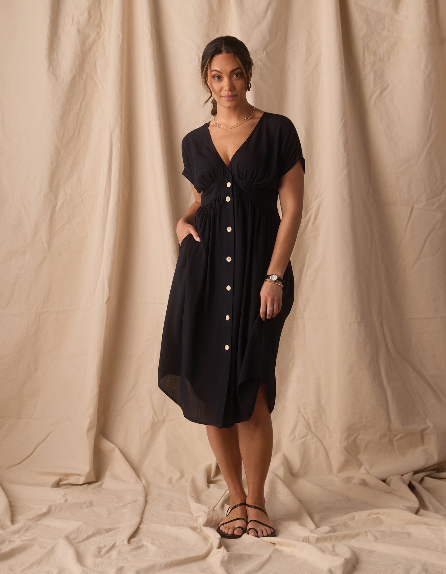 Deep V Button Thru Dress in Black