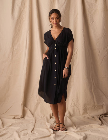 Deep V Button Thru Dress in Black