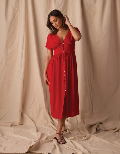 Aria Crepe Midi Dress in Poppy Red