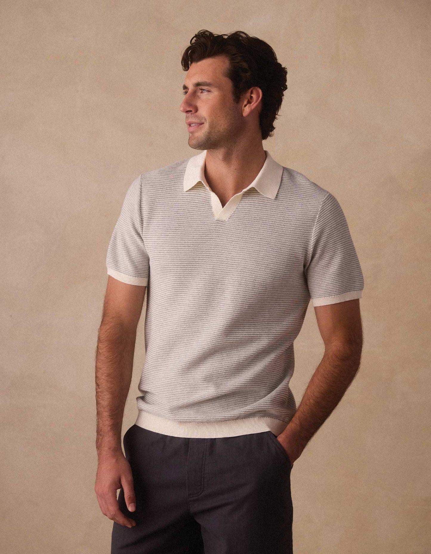 Robles Birdseye Knit Polo in Cream/Grey