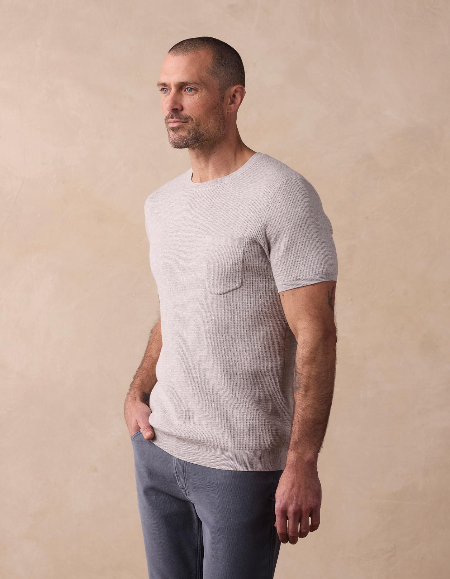Waffle Knit Sweater Tee in Stone