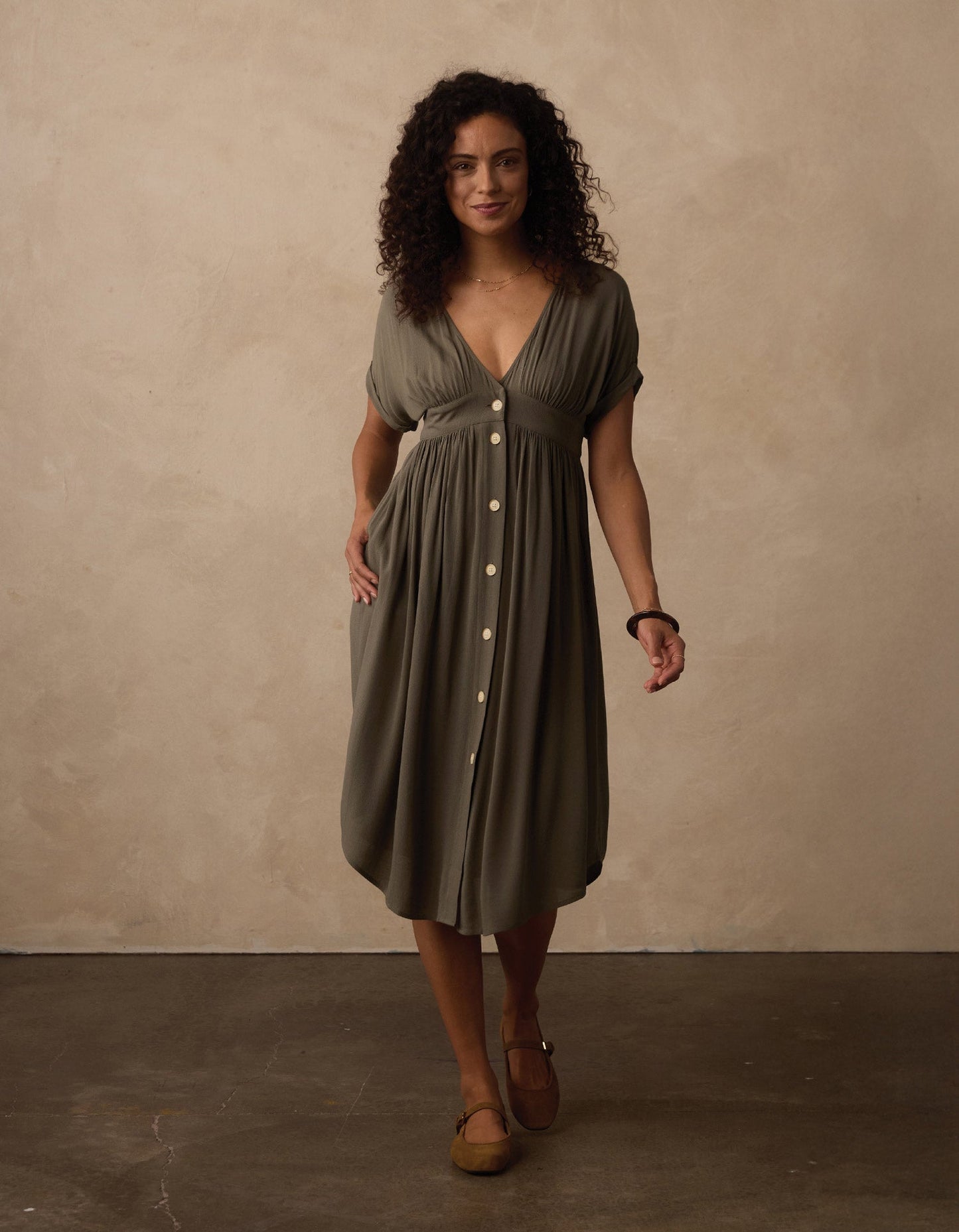 Deep V Button Thru Dress in Moss