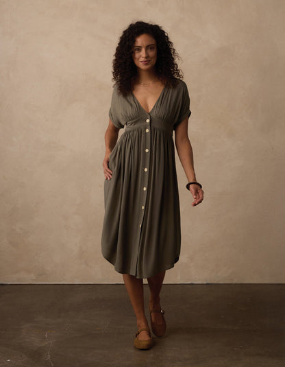 Deep V Button Thru Dress in Moss