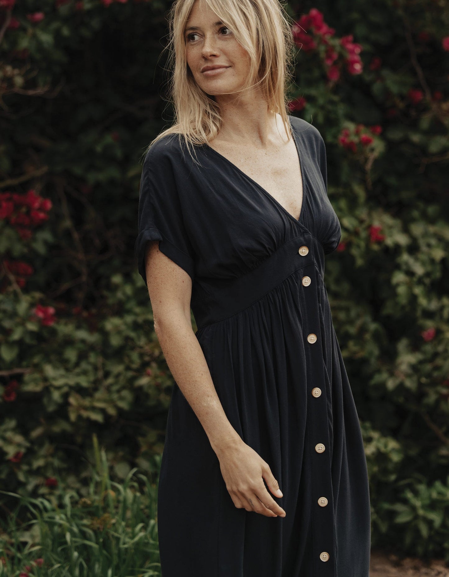Deep V Button Thru Dress in Black