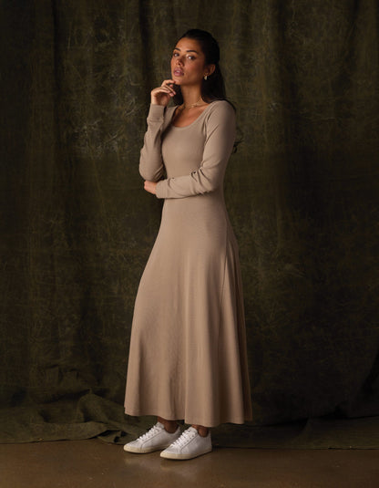 Normal Rib Long Sleeve Dress in Fawn