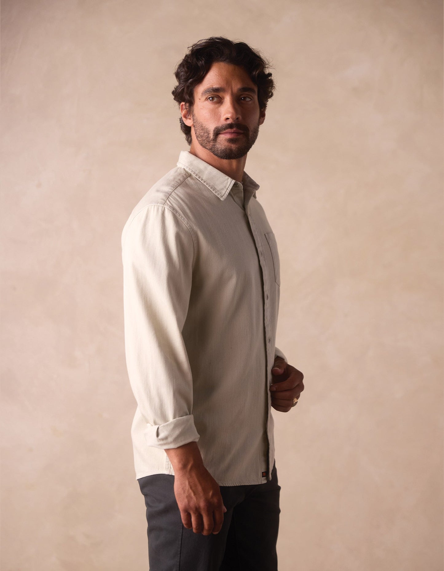 Cotton Denim Long Sleeve Button Up in Silver Moss