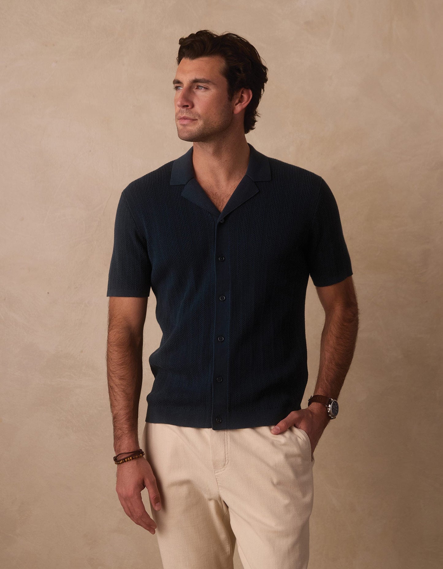 Robles Textured Knit Camp Button Up in Dark Oasis