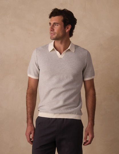Robles Birdseye Knit Polo in Cream/Grey