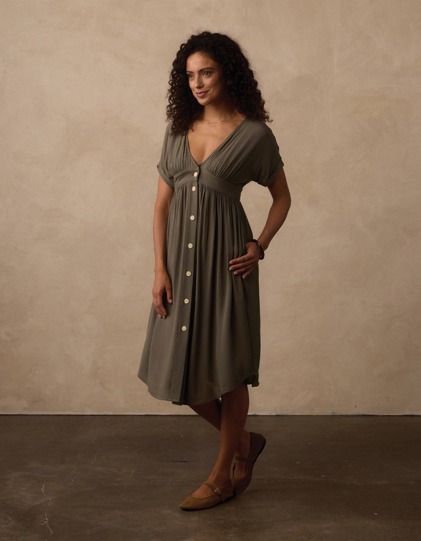 Deep V Button Thru Dress in Moss