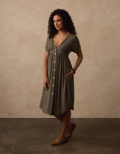 Deep V Button Thru Dress in Moss