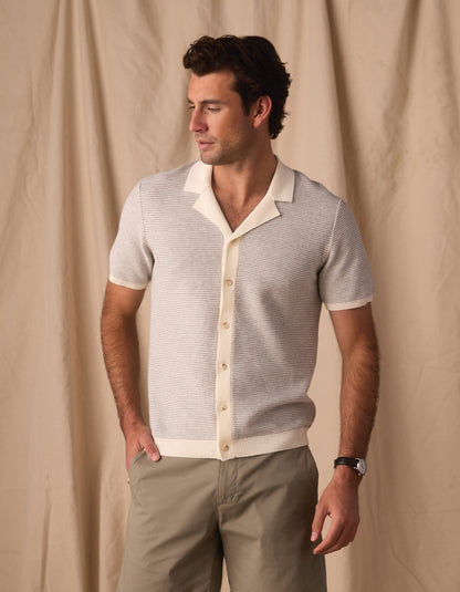 Robles Birdseye Knit Camp Button Up in Cream/Grey
