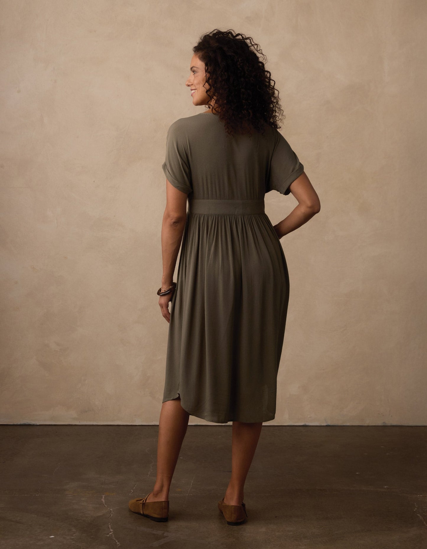 Deep V Button Thru Dress in Moss
