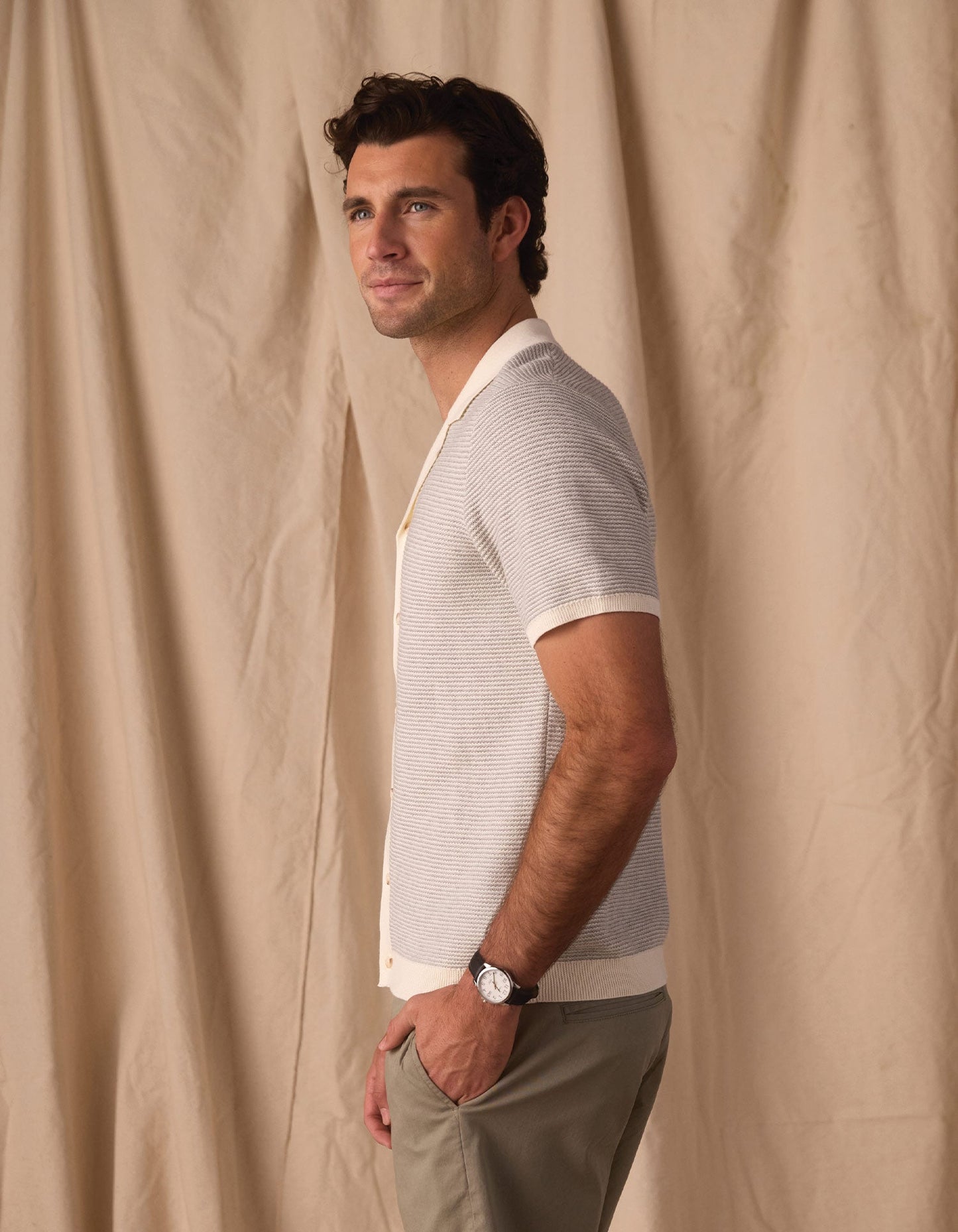Robles Birdseye Knit Camp Button Up in Cream/Grey