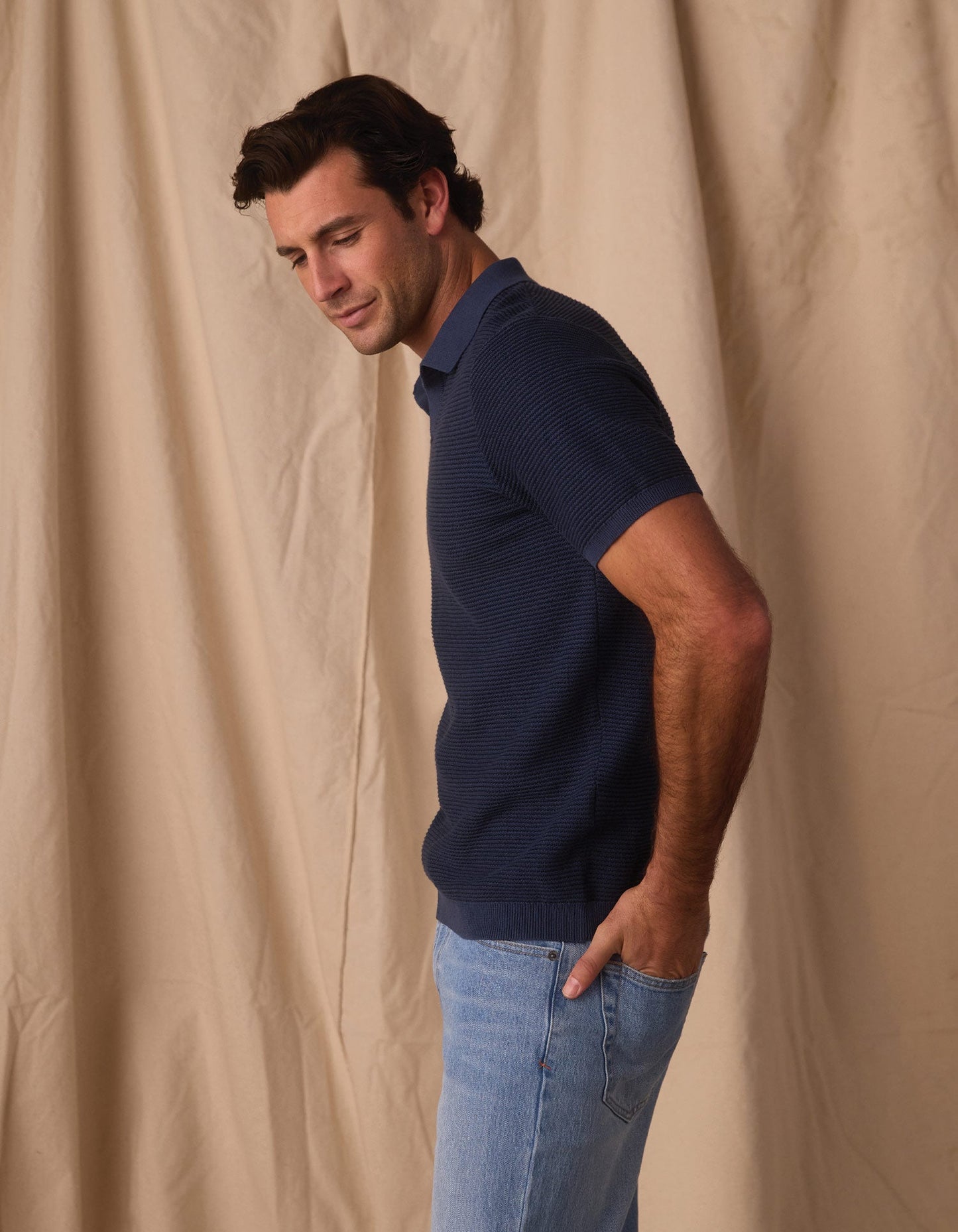 Robles Birdseye Knit Polo in Denim/Dark Navy