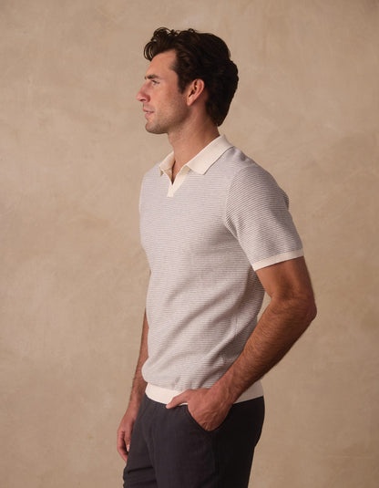 Robles Birdseye Knit Polo in Cream/Grey