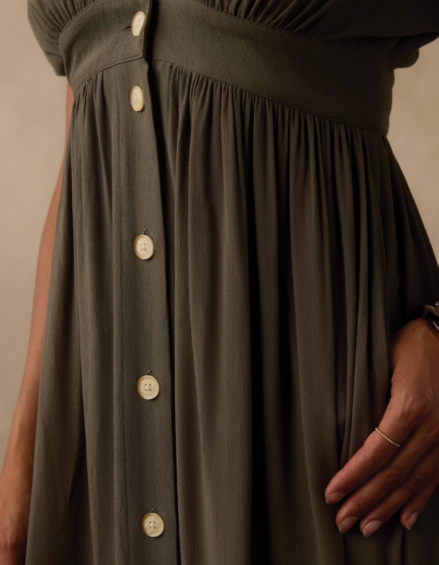 Deep V Button Thru Dress in Moss