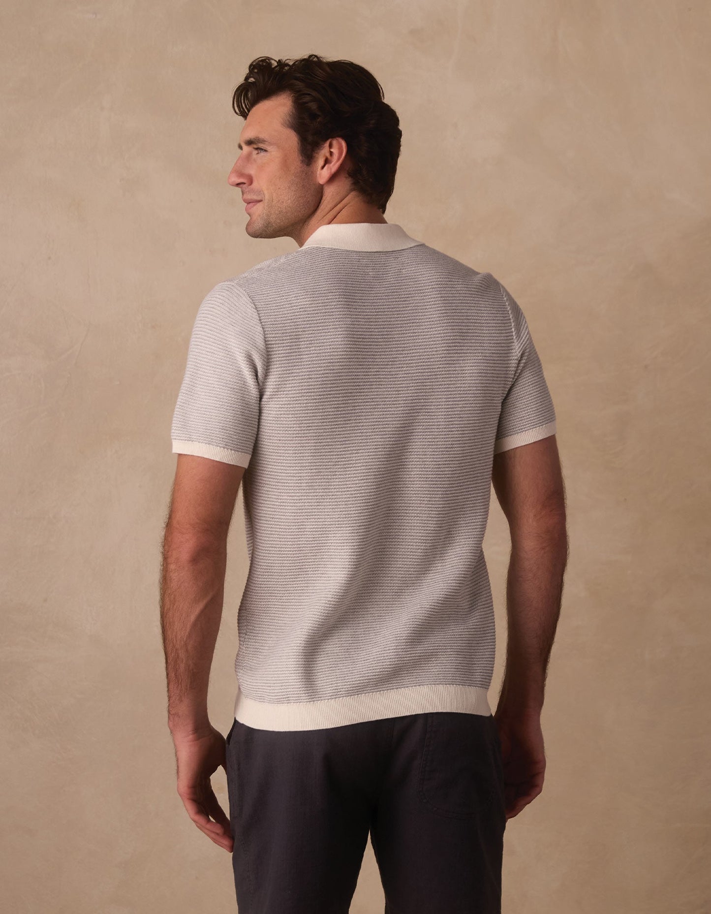 Robles Birdseye Knit Polo in Cream/Grey