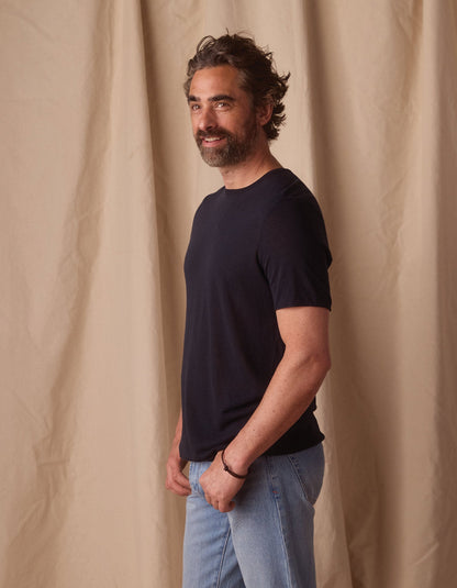 Summer Linen-Blend Knit Tee in Navy