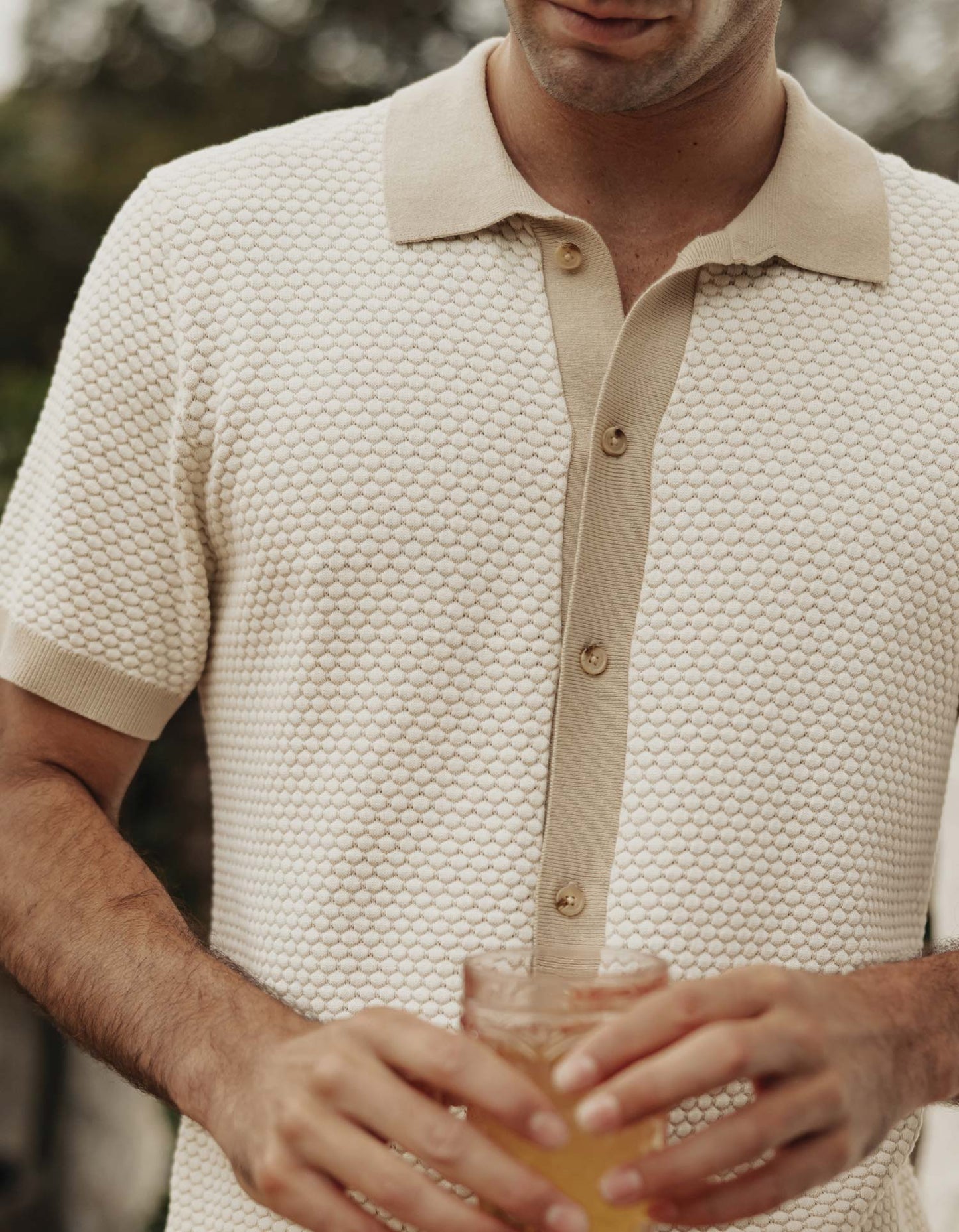Robles Knit Jacquard Button Up in Ivory/Khaki