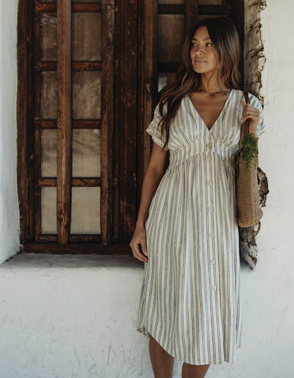 Freshwater Deep V Button Thru Dress in Vintage Blue Stripe