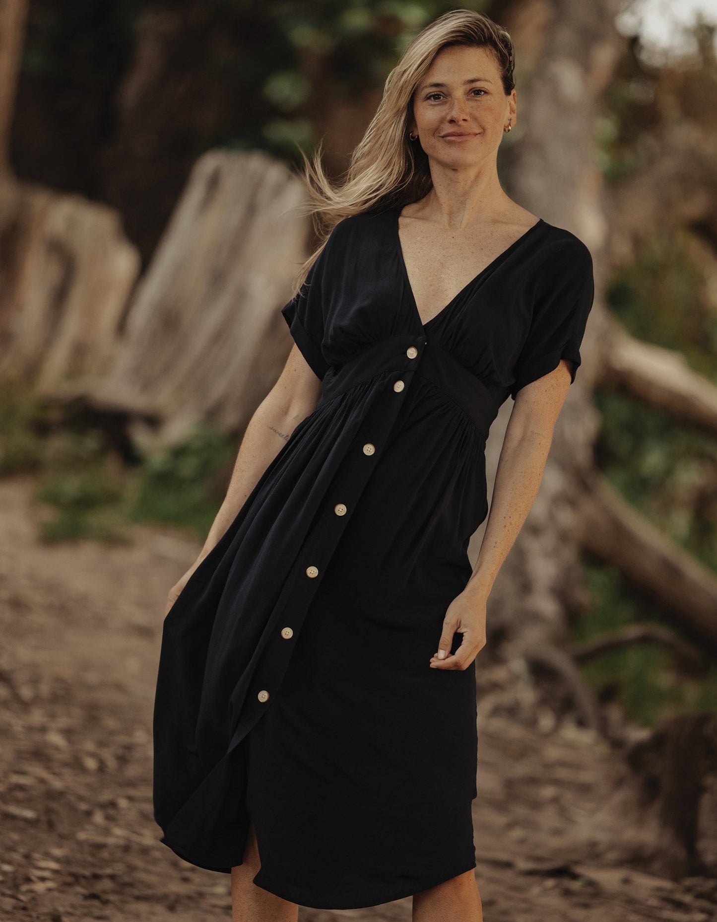 Deep V Button Thru Dress in Black