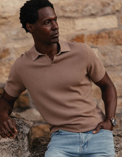 Robles Knit Jacquard Polo in Taupe