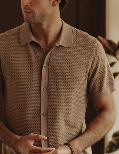 Robles Knit Jacquard Button Up in Taupe