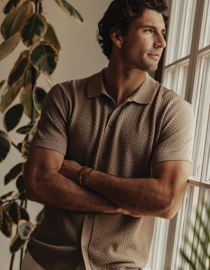 Robles Knit Jacquard Button Up in Taupe