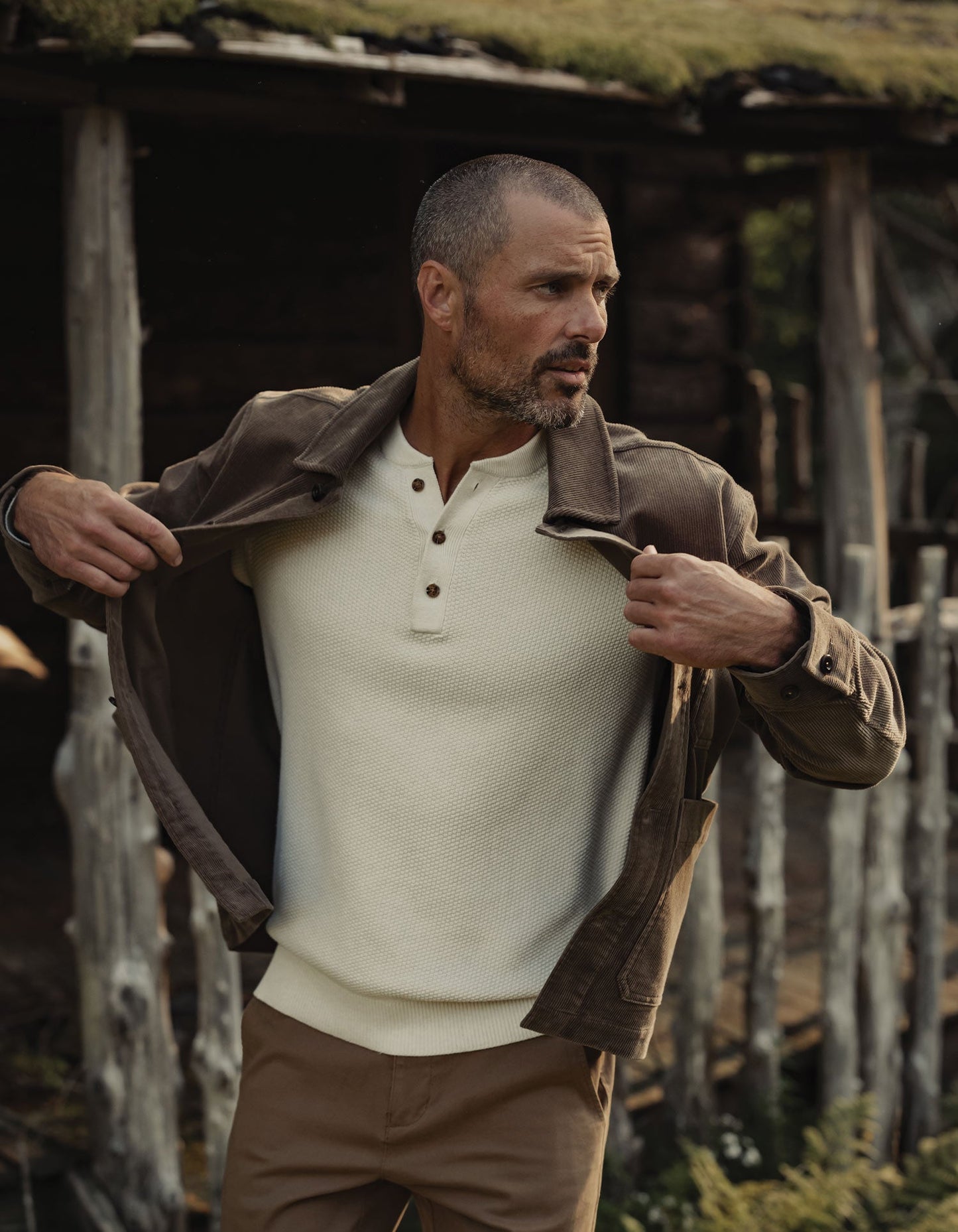 COOLMAX® Textured Sweater Henley in Ivory