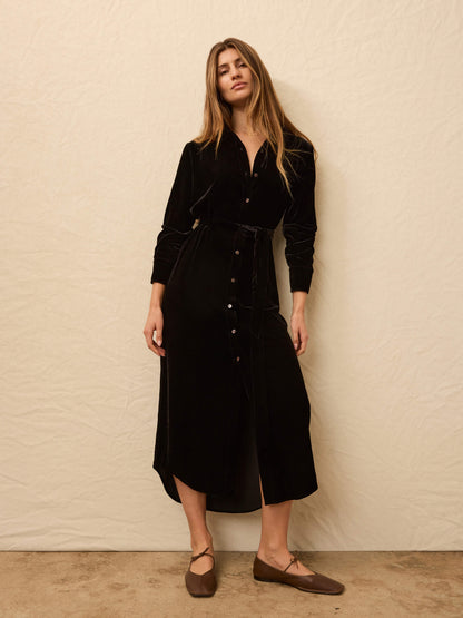 Stretch Silk Velvet Riley Midi Dress - Black