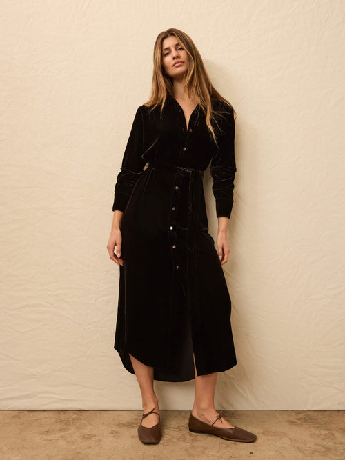 Stretch Silk Velvet Riley Midi Dress - Black