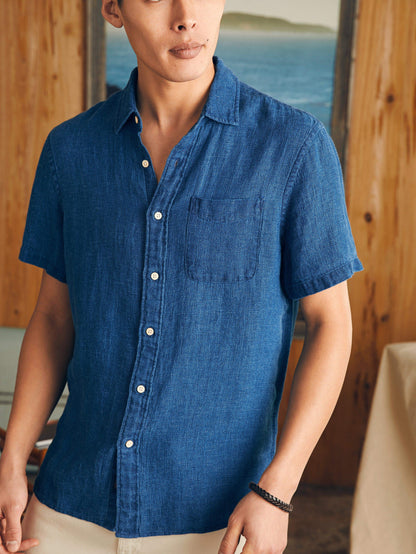 Short-Sleeve Palma Linen Shirt - Indigo Basketweave