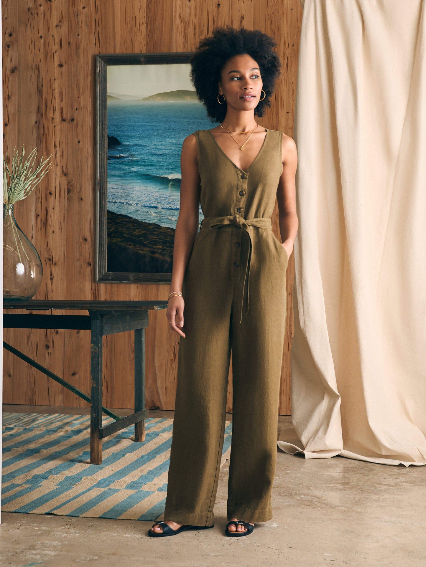 Alina Linen Jumpsuit - Military Olive