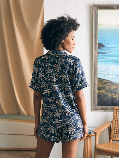 Sandwashed Silk Short Sleeve Pj Set - Navy Tropic Trees