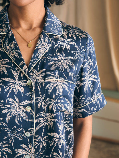 Sandwashed Silk Short Sleeve Pj Set - Navy Tropic Trees