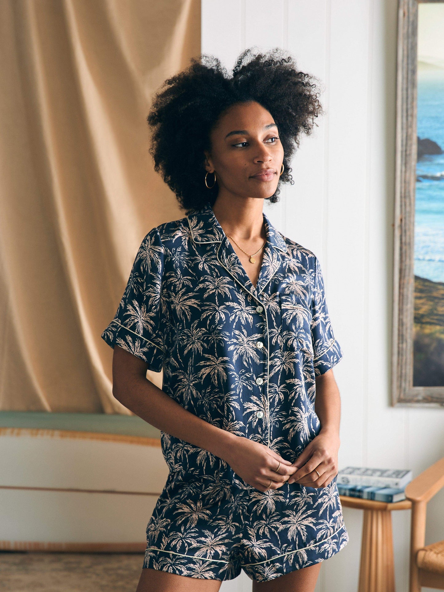 Sandwashed Silk Short Sleeve Pj Set - Navy Tropic Trees
