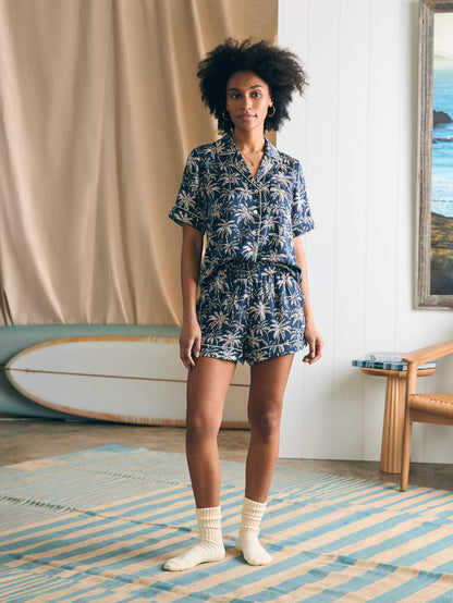 Sandwashed Silk Short Sleeve Pj Set - Navy Tropic Trees