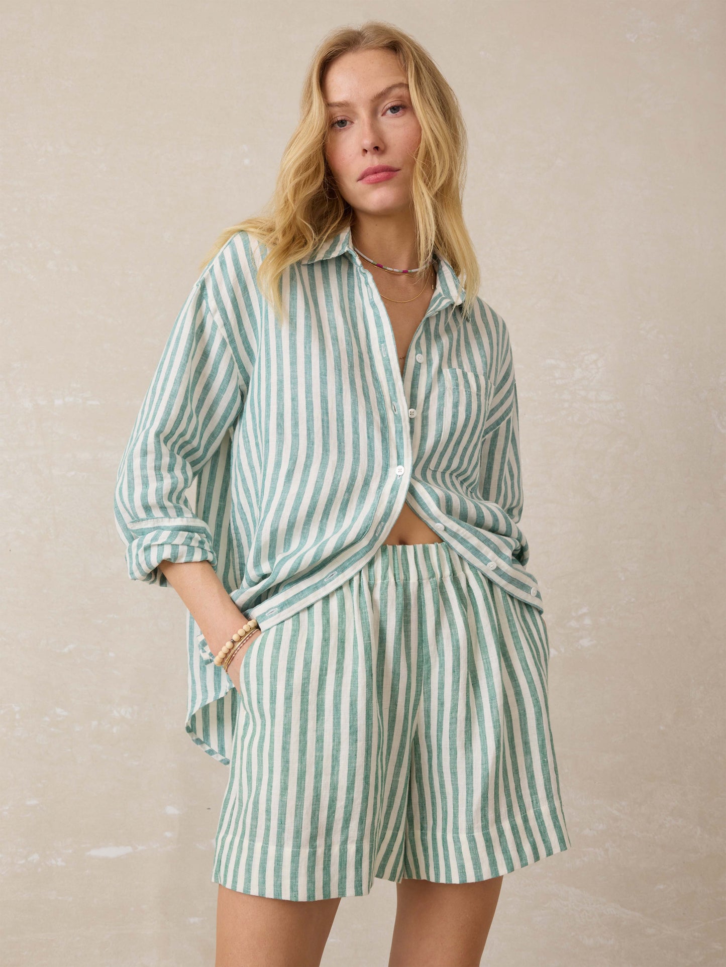 Laguna Linen Bayview Short - Deep Jungle Lucy Stripe