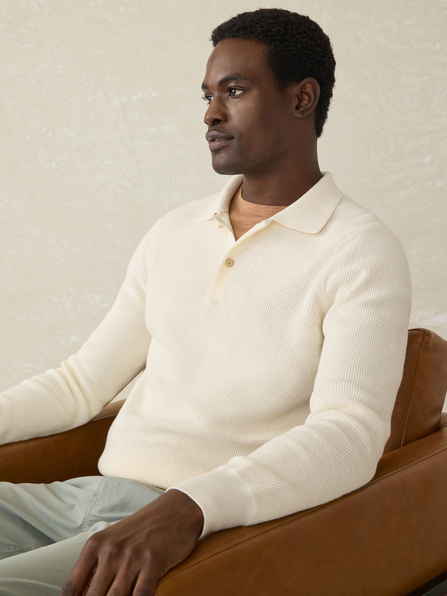 Long-Sleeve Sunwashed Sweater Polo - White Shell