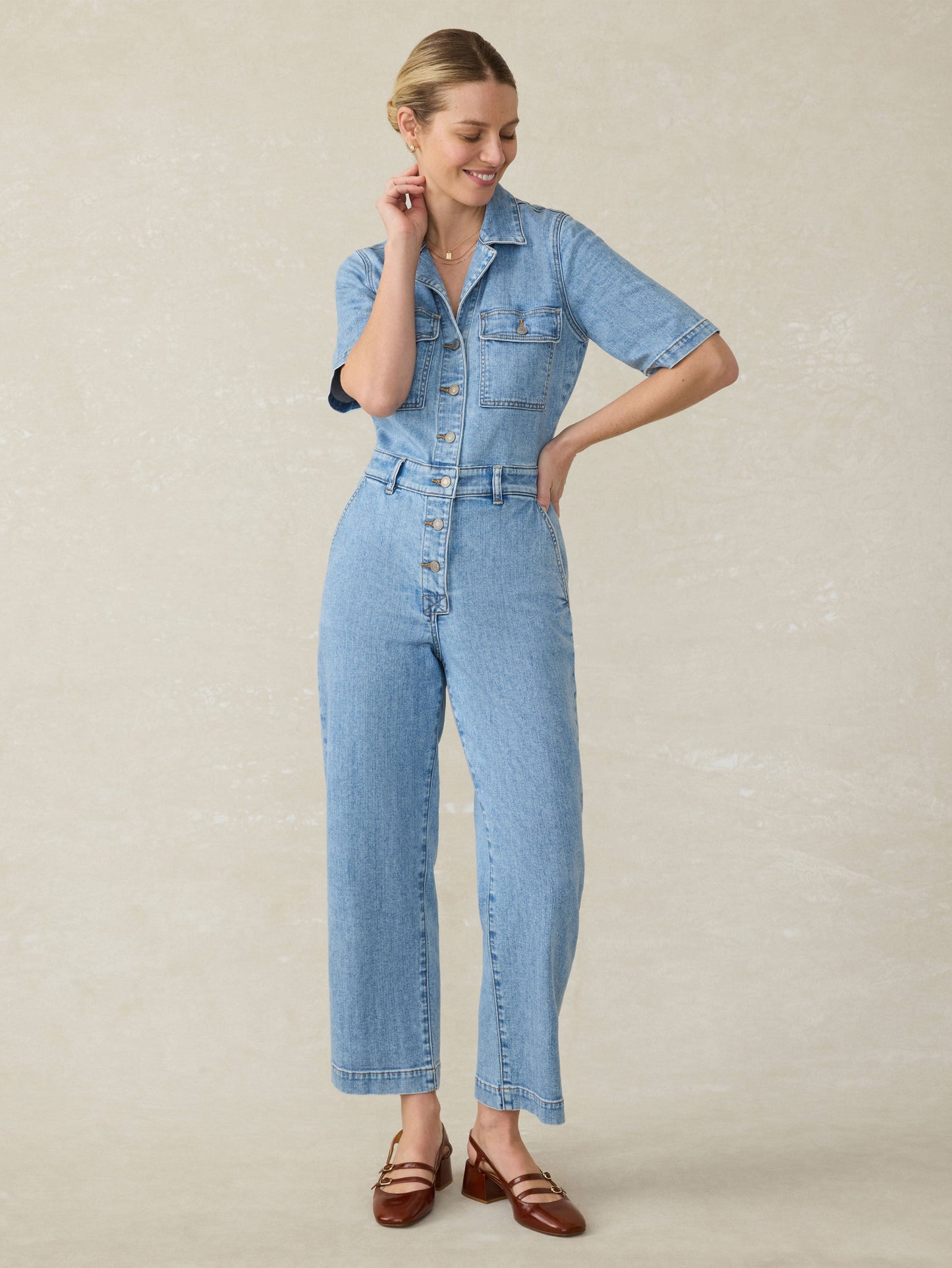 Denim Michelle Short-Sleeve Jumpsuit - Cloudlight Wash