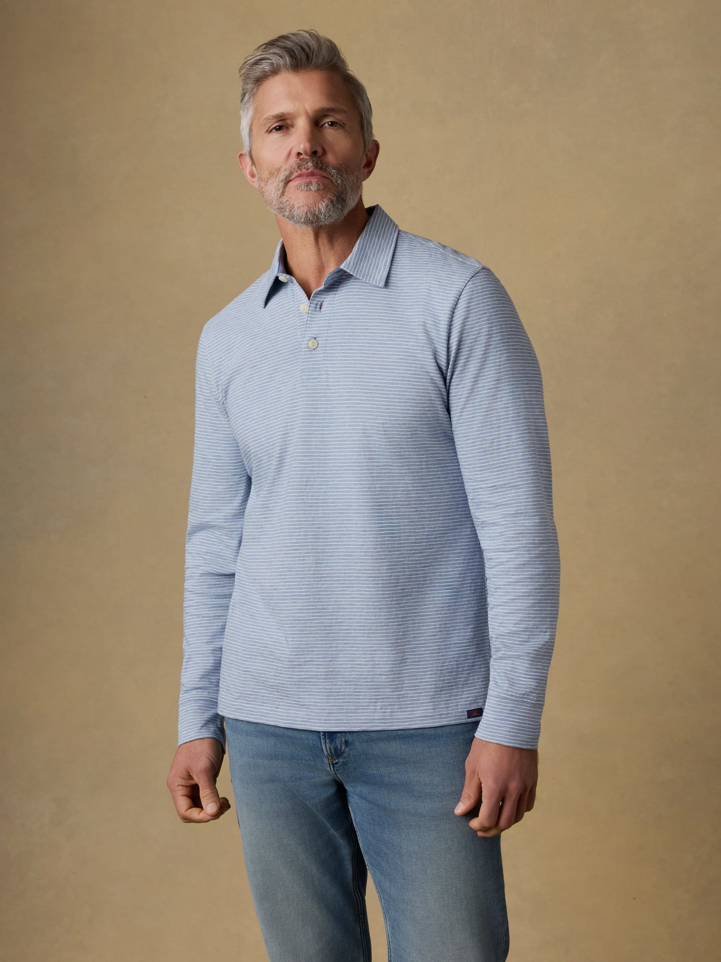 Long-Sleeve Sunwashed Regenerative T-Shirt Polo - Dune Stripe Blue