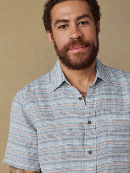 Short-Sleeve Palma Linen Shirt - Blue Gulf Stripe