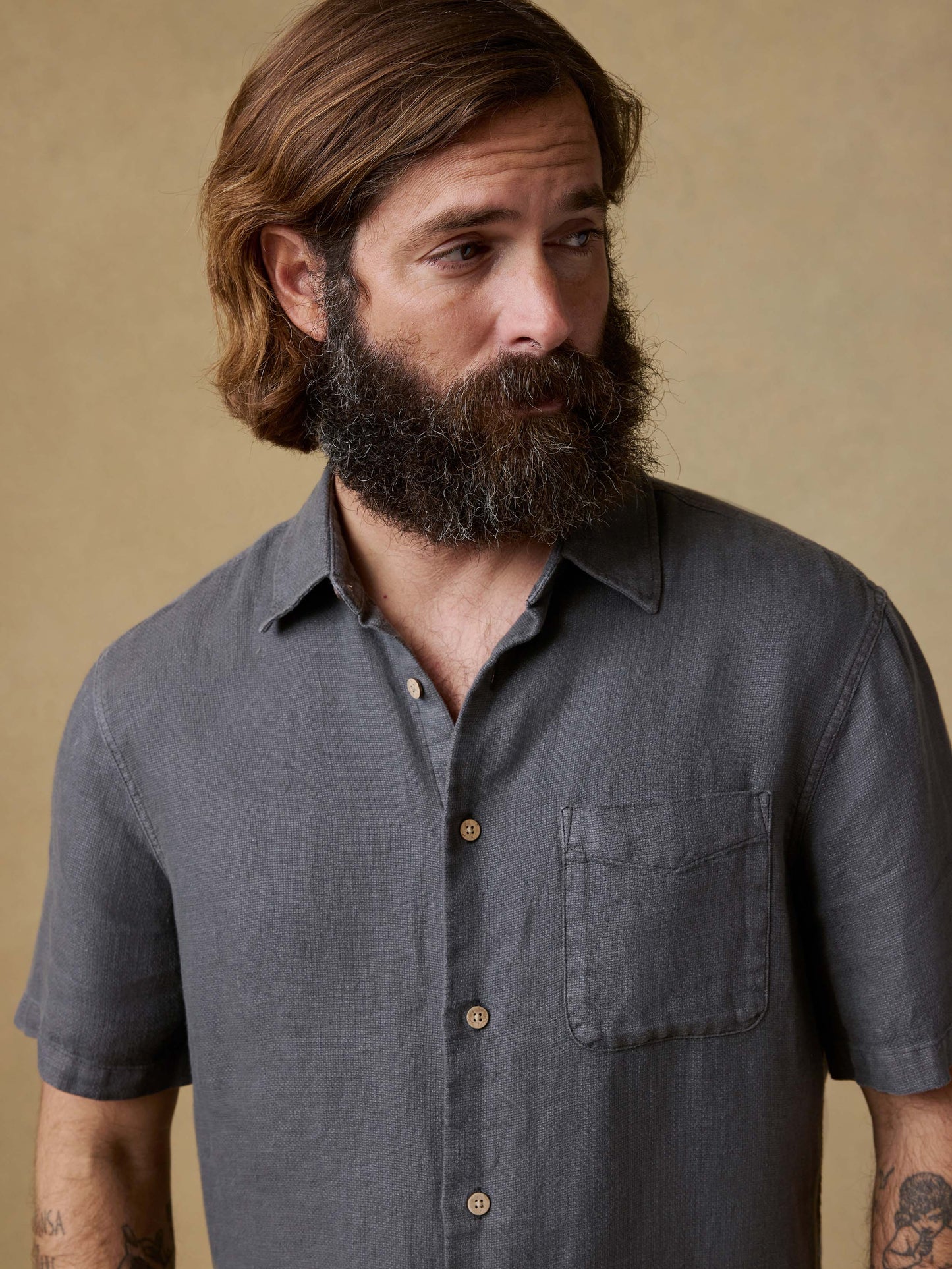 Short-Sleeve Palma Linen Shirt - Washed Black Basketweave