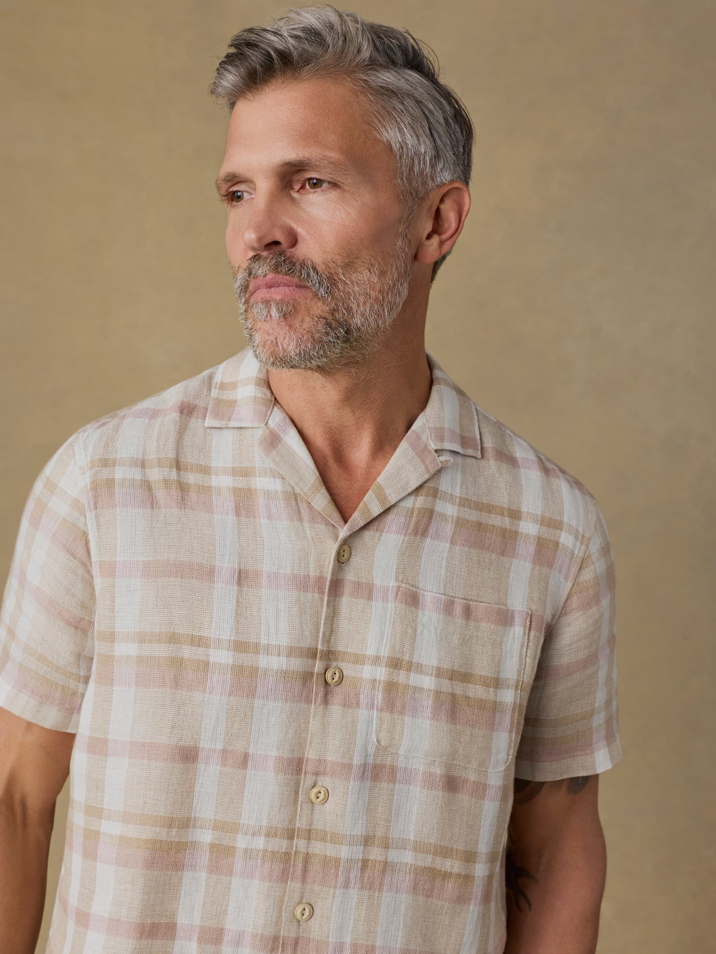 Short-Sleeve Palma Linen Camp Shirt - Mauve Sand Plaid