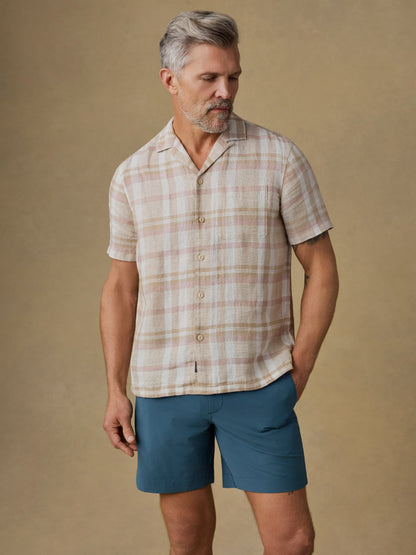 Short-Sleeve Palma Linen Camp Shirt - Mauve Sand Plaid