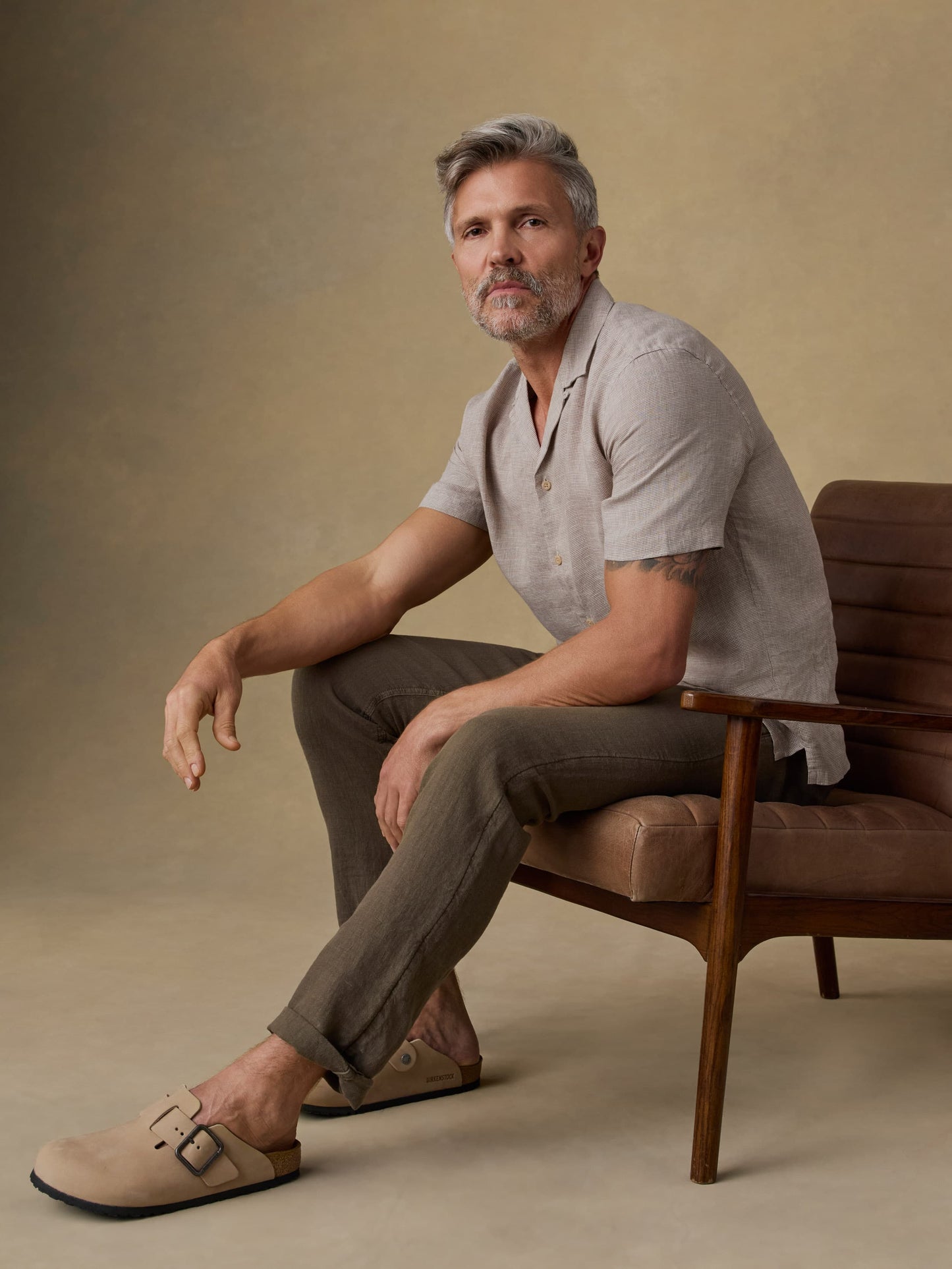 Short-Sleeve Laguna Linen Camp Shirt - Khaki Pincheck